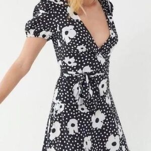 UO Jocelyn Printed Puff Sleeve Floral Polka Dot Mini Dress